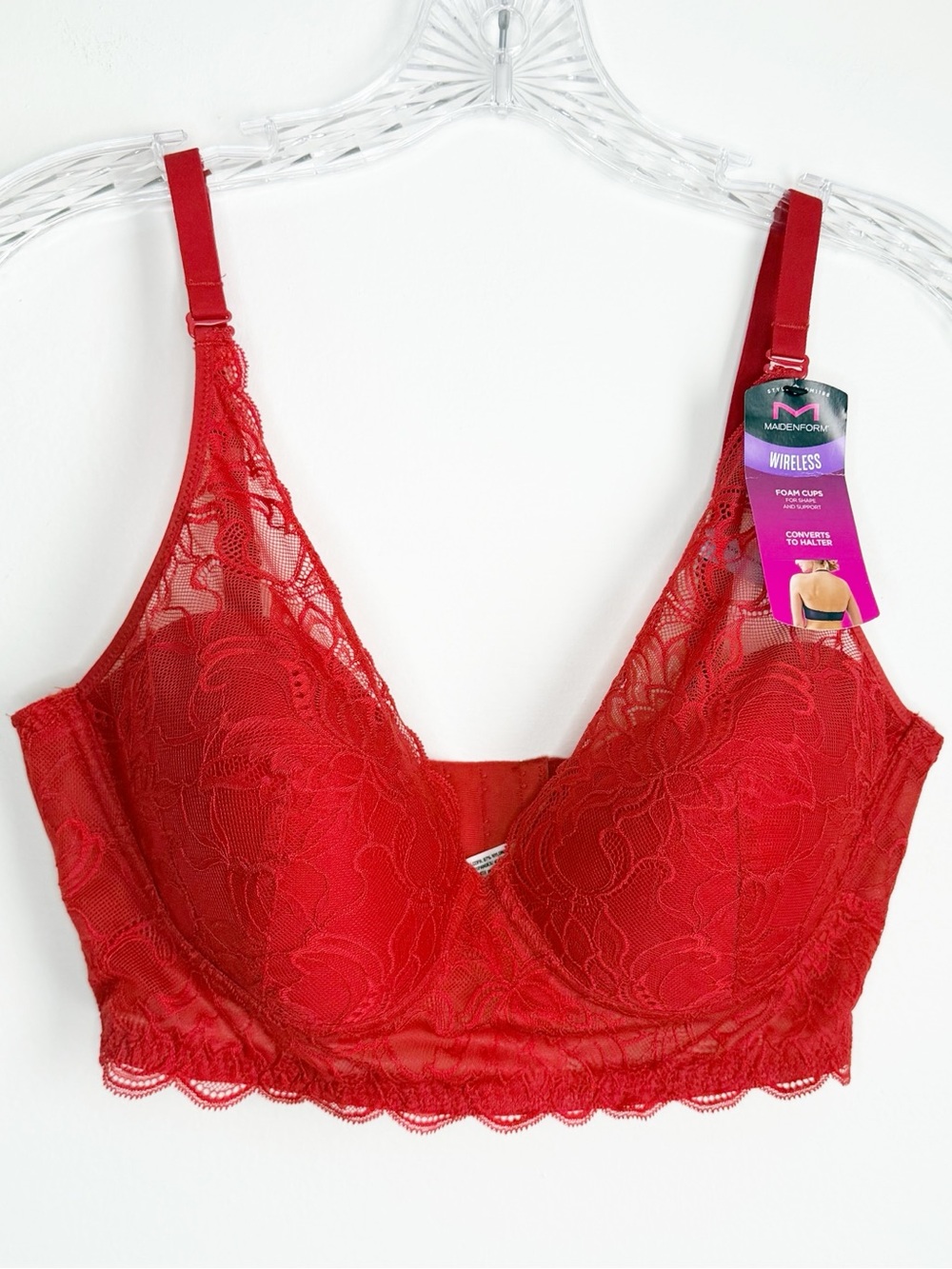 Maidenform Wireless Red Lace Longline Bra with Scalloped Lace